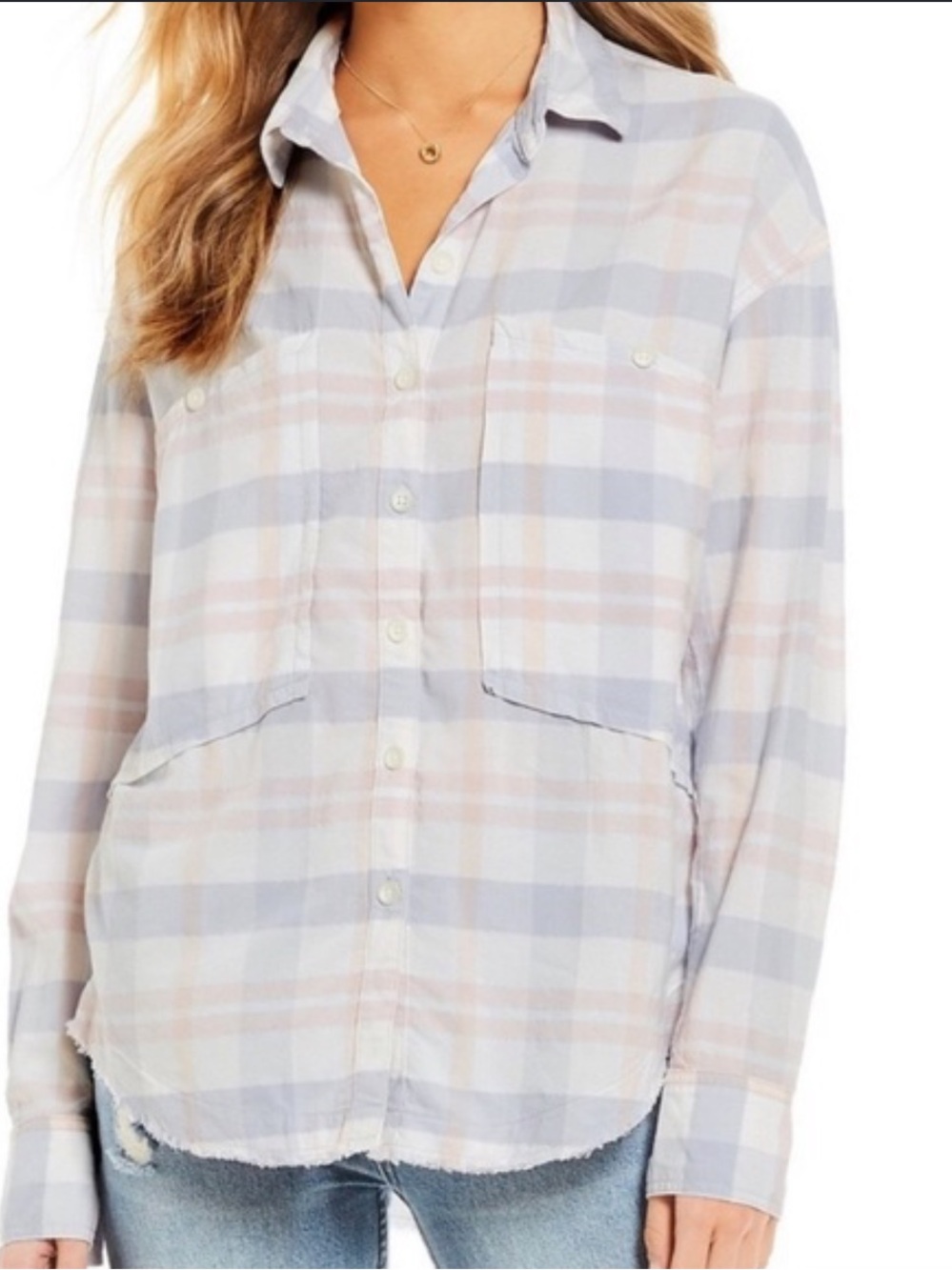 Free People Loveland Pastel Pink and Lavender Plaid flannel Button-Down Shirt